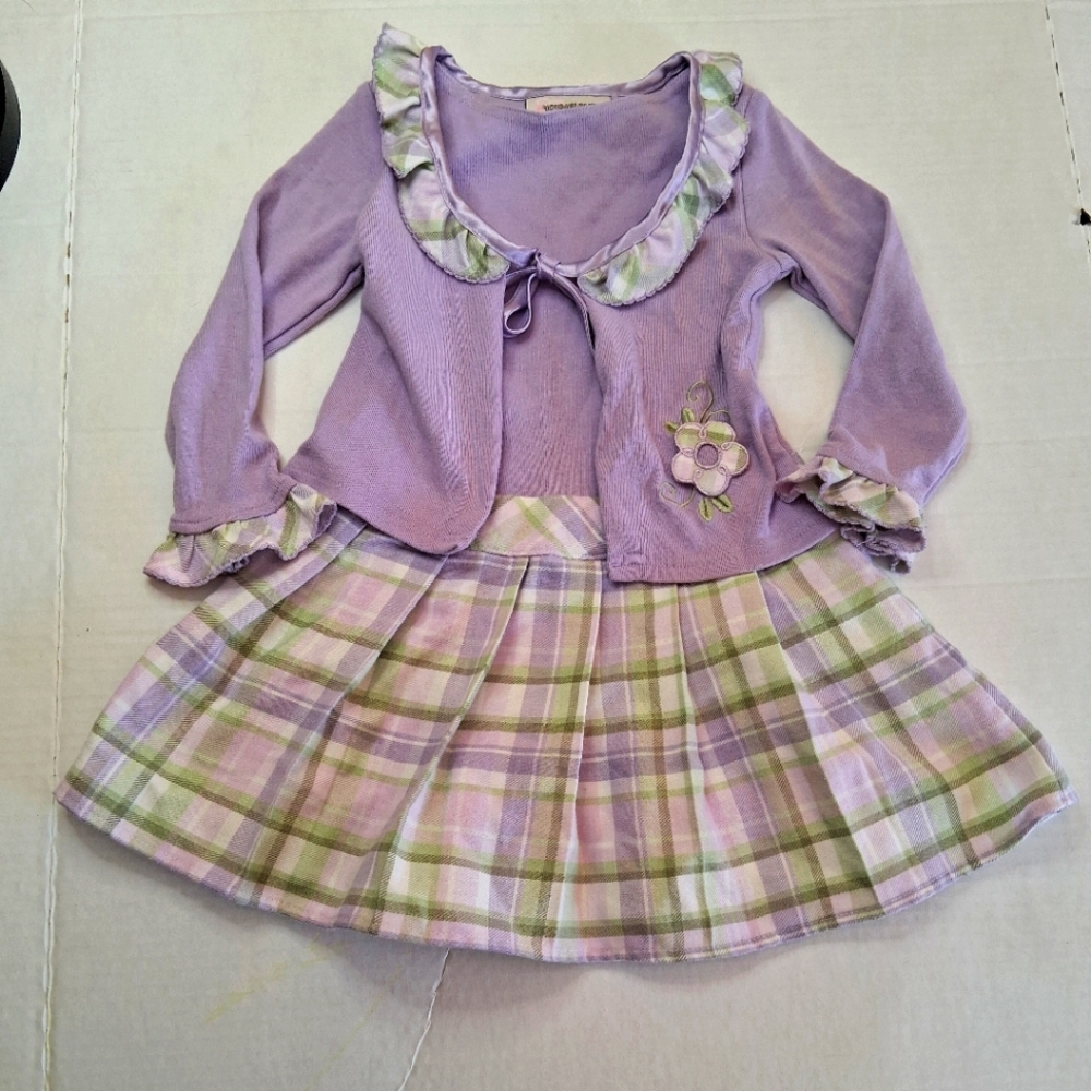 Youngland Purple Ruffled Plaid Dress Sttached Cardigan Set